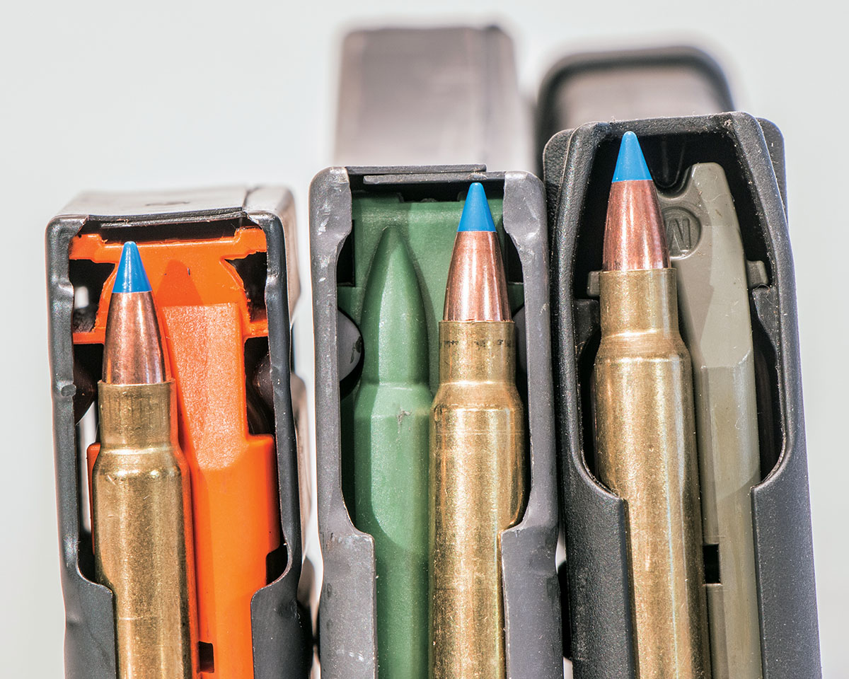 Magazine selection is critical with the 25-45 Sharps. The Ares Defense magazine at left allows for a longer overall cartridge length than either a standard military or Magpul magazine.
